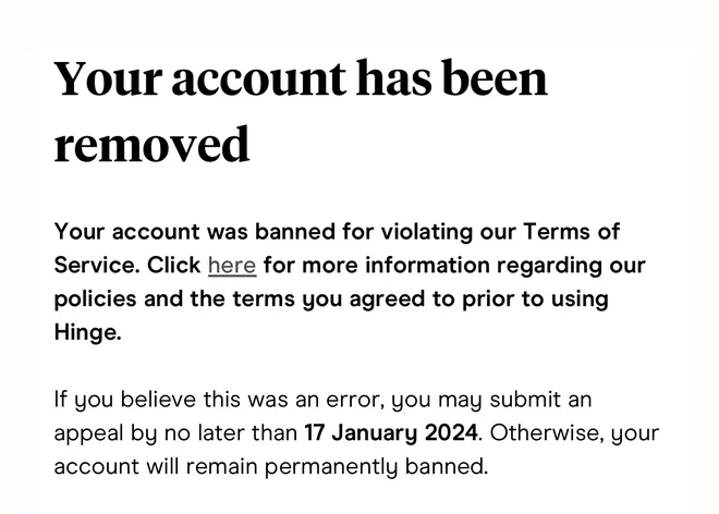 A real dating-app ban screen: your account has been removed, appeal by a deadline or stay banned