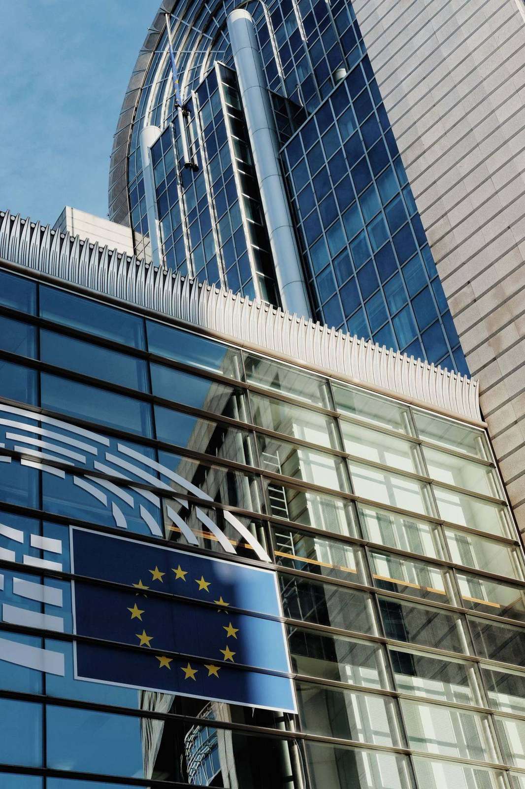 The European Parliament building with the EU emblem