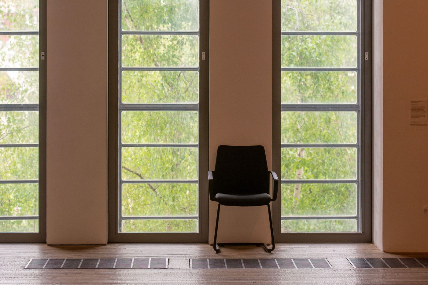 A single black chair stands in front of tall windows with green trees outside