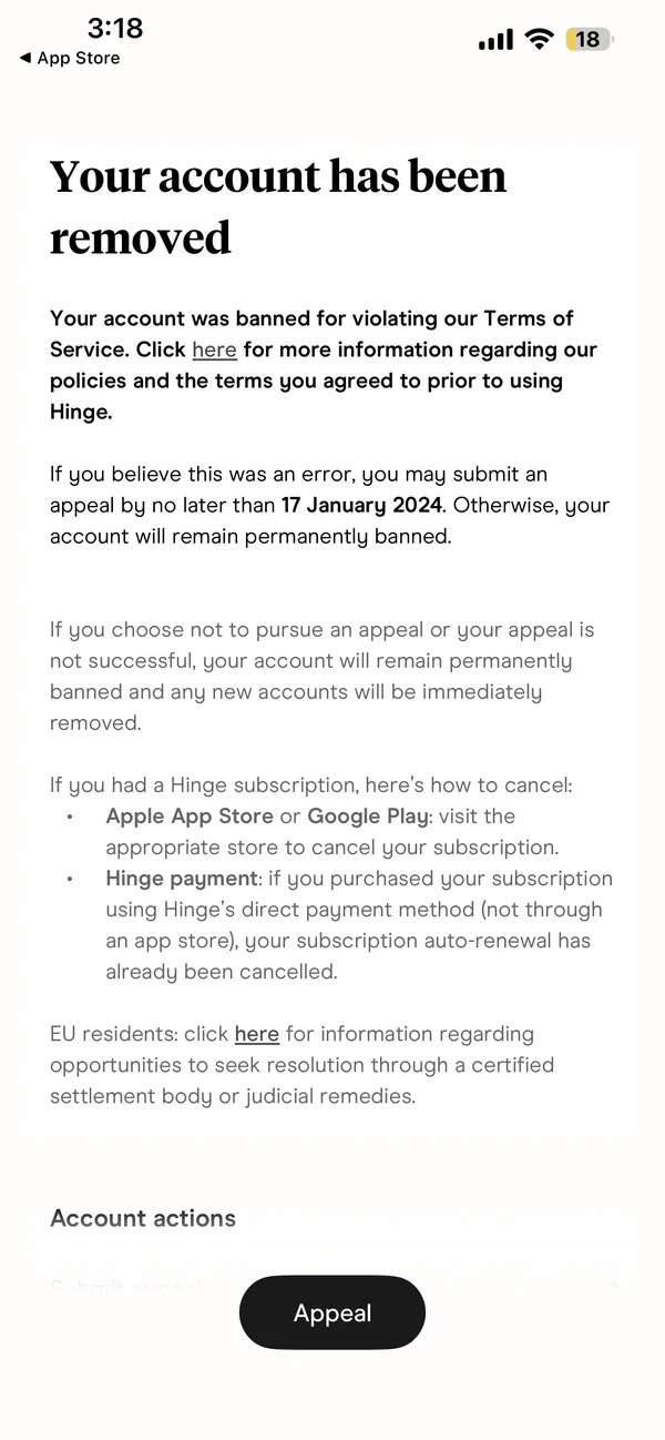 Hinge’s ban screen: Your account has been removed. The appeal window closed on 17 January 2024.
