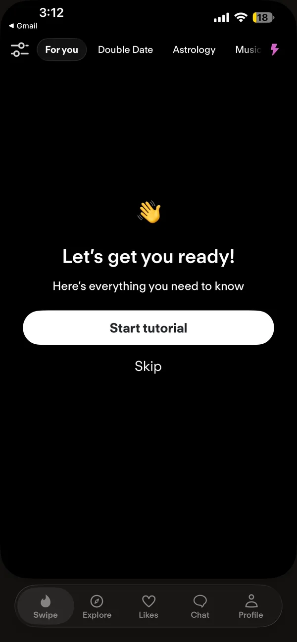 Inside the Tinder app on the For you tab, with the Let’s get you ready screen