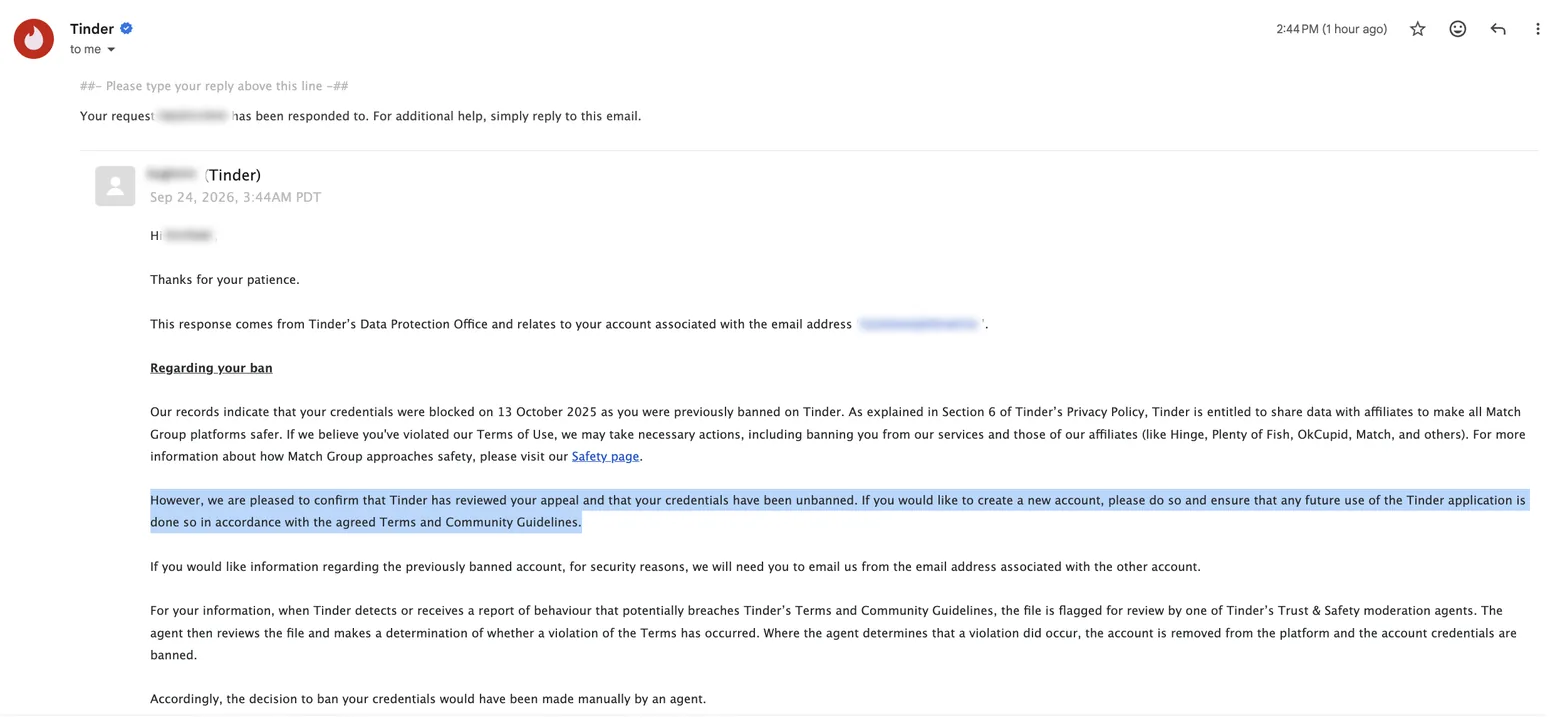 Tinder&rsquo;s Data Protection Office email of 24 September 2026 confirming the credentials have been unbanned, with personal details blurred