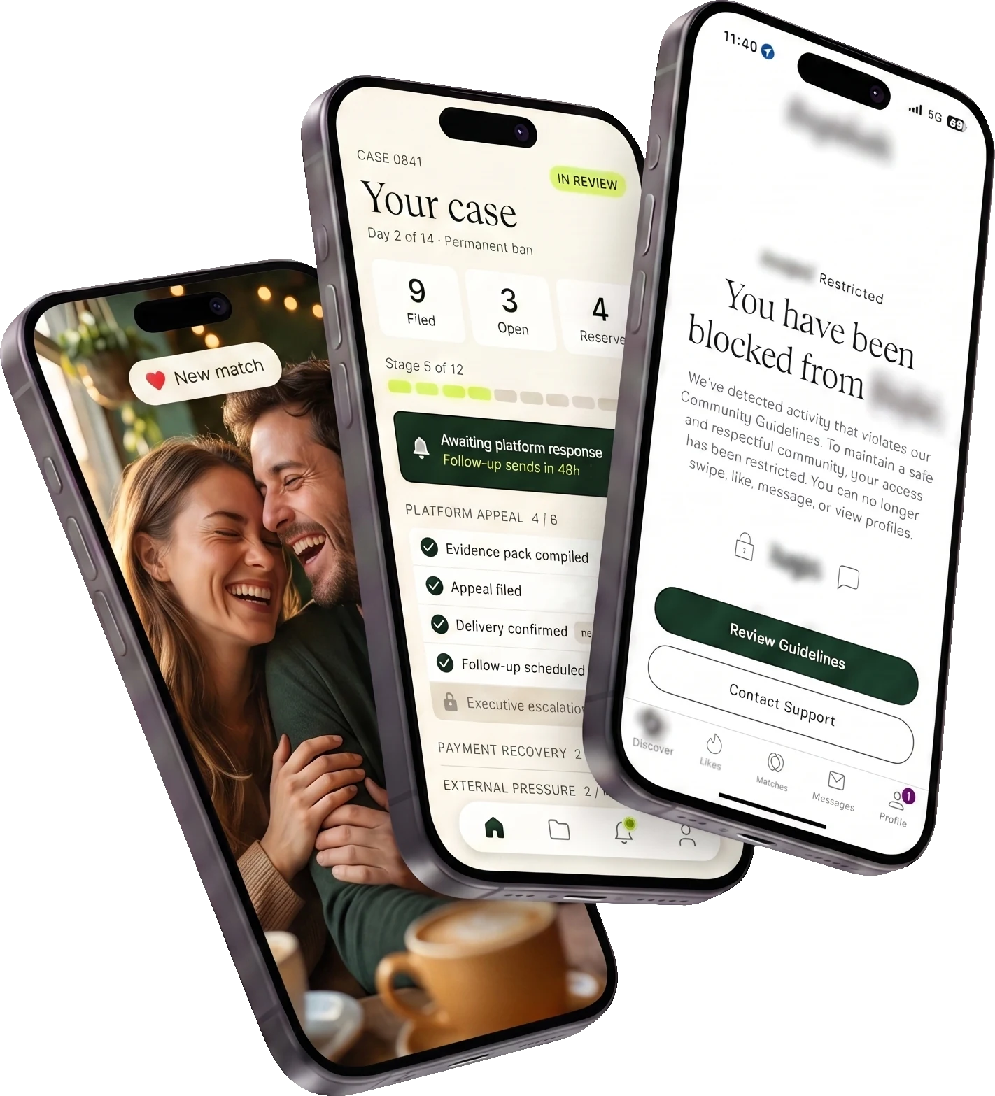Three phones: a couple matched again, a live case tracker, and a ban screen