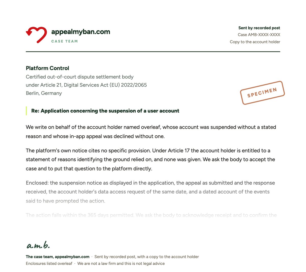 A letter from appealmyban.com to Platform Control, the certified EU dispute body in Germany, sent by recorded post