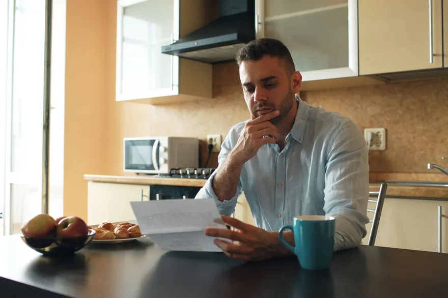 A man at a kitchen table reading a printed letter, one hand at his chin, a blue mug beside him